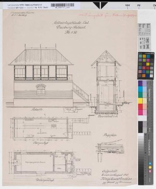Stellwerksgebäude "Swt" Duisburg-Ruhrort: Ansicht, Grundrisse, Schnitt, Lageplan, M. 1:50 Hgs, Sknr.: 1, Fanr.: 8, Bunr.: 2