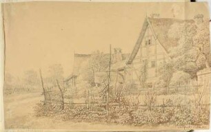 Fachwerkhäuser mit Strohdächern in Wölfnitz (Dresden) hinter Gartenzäunen