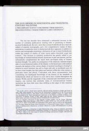 The Sufi Orders In Nineteenth And Twentieth-Century Palestine A Preliminary Survey Concerning Their Identity, Organizational Characteristics And Continuity