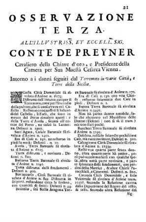 Osservazione Terza all'Illustriss. et Eccell. Sig. Conte de Preyner ...