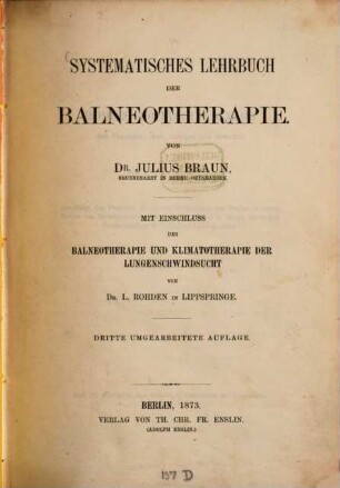 Systematisches Lehrbuch der Balneotherapie