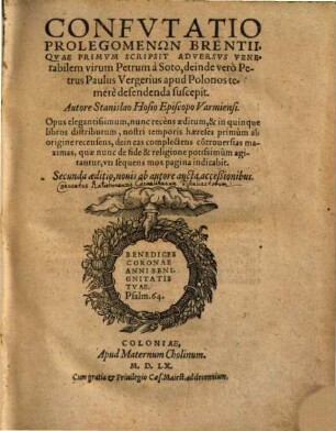 Confutatio prolegomenon Brentii, Quae Primum Scripsit Adversus Venerabilem virum Petrum a Soto, deinde vero Petrus Paulus Vergerius apud Polonos temere defendenda suscepit