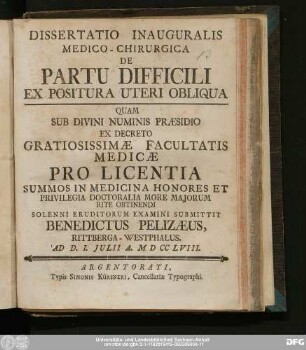 Dissertatio Inauguralis Medico-Chirurgica De Partu Difficili Ex Positura Uteri Obliqua
