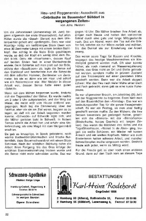 Heu- und Roggenernte: Ausschnitt aus "Gebräuche im Bauerndorf Sülldorf in vergangenen Zeiten"