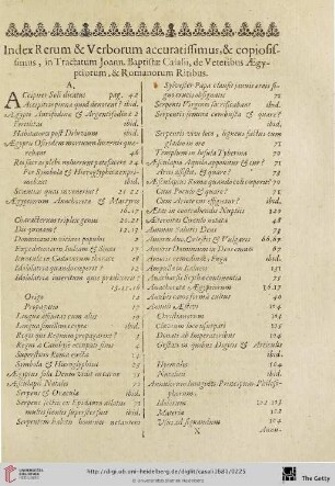 Index Rerum & Verborum accuratissimus, & copiosissimus, in Tractatum Joann. Baptistae Calalii, de Veteribus Aegyptiorum, & Romanorum Ritibus.