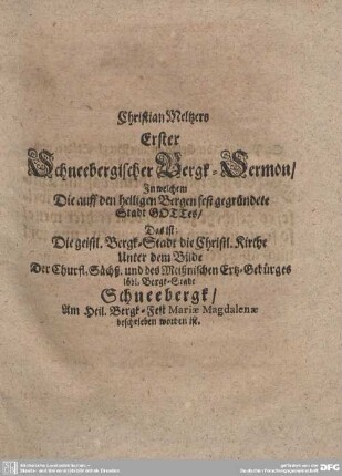 Christian Meltzers Erster Schneebergischer Bergk-Sermon.
