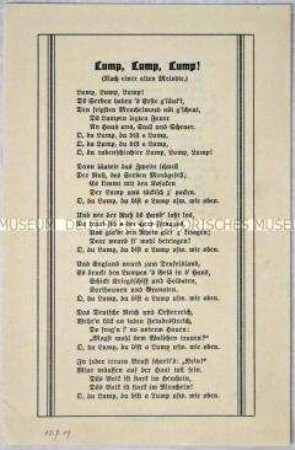 Flugblatt mit chauvinistischem Liedtext, in dem alle Kriegsgegner der Deutschen als Lumpen bezeichnet werden.