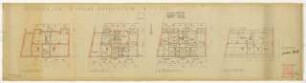 Wohnhausbebauung Hamburger Straße 86 für Gottlob Hecht, Berlin-Spandau: Grundrisse Kellergeschoss, Erdgeschoss, 1.-3. Obergeschoss und Dachgeschoss 1:100