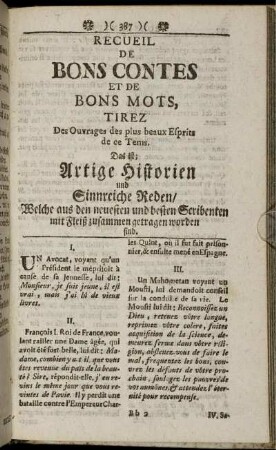 Recueil De Bons Contes Et De Bons Mots ... Artige Historien und sinnreiche Reden ...