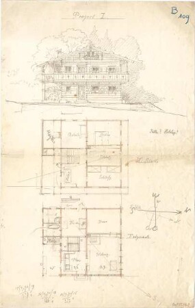 Thiersch, August ; Sterzing / Südtirol (Italien); Landhaus für Herrn Finsterwalder - Grundriss EG, Grundriss 1. OG, Ansicht