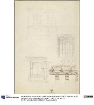 Entwurf zu einer zweigeschossigen Fassade & Entwurf zu einem Segmentbogen-Fenster & Entwurf zu einem gekuppelten Fenster umgeben von Pilastern & Entwurf zu Entlastungsdreiecken in Kragarchitektur über rechteckigen Öffnungen