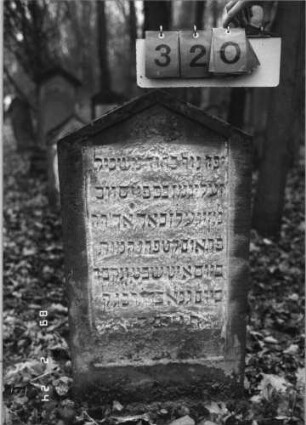 Grabstein 320 (Index: 99752308) Material: Sandstein Zustand: leicht verwitt. /abgeblätt. m. Textverlust Maße HxBxT: 95x49x9 cm Beschreibung: Stele, giebelartiger Abschluß, Schriftfeld eingetieft Besonderheit: Zitat Psalm 48, 3: Grabstein 320