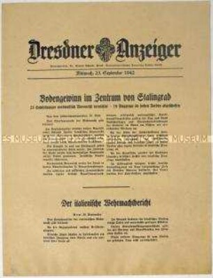 Nachrichtenblatt "Dresdner Anzeiger" mit Meldungen des Oberkommandos der Wehrmacht und des italienischen Oberkommandos u.a. zur Schlacht um Stalingrad