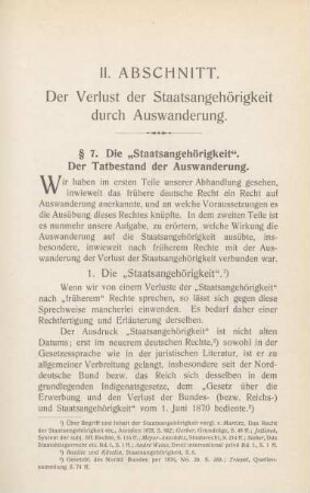 II. Abschnitt. Der Verlust der Staatsangehörigkeit durch Auswanderung