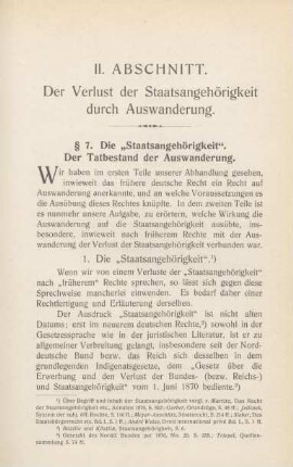 II. Abschnitt. Der Verlust der Staatsangehörigkeit durch Auswanderung