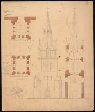 Turmneubau der Kirche, Ranzin: Ansichts-, Schnittstudie, Grundrisse Turm