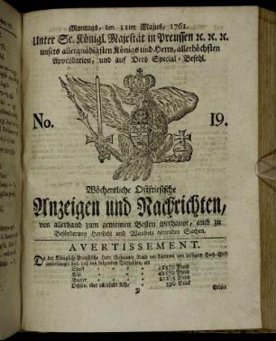 No. 19. Montags, den 11ten Majus, 1761.