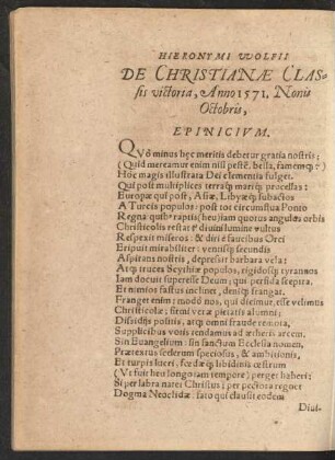 De Christianae Classis victoria, Anno 1571. Nonis Octobris, Epinicium.