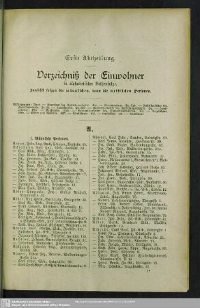 Erste Abtheilung. Einwohnerverzeichnis : Erste Abtheilung. Verzeichniß der Einwohner