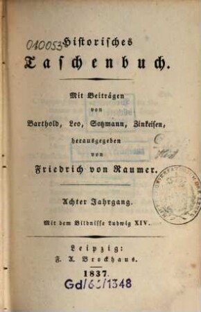 Historisches Taschenbuch. 8. 1837