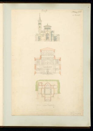 Kirche Monatskonkurrenz März 1843: Grundriss Erdgeschoss, Aufriss Vorderansicht, Querschnitt mit Blick zum Altar; 2 Maßstabsleisten