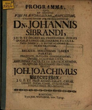 Programma quo ad exequias Joh. Sibrandi invitat : inest vita defuncti
