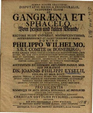 Disputatio Inauguralis Medica, Proponens Casum De Gangraena Et Sphacelo : = Vom heissen und kalten Brand