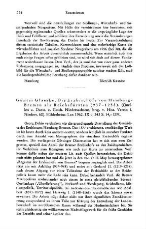 Glaeske, Günter :: Die Erzbischöfe von Hamburg-Bremen als Reichsfürsten, 937 - 1258, (Quellen und Darstellungen zur Geschichte Niedersachsens, 60) : Hildesheim, Lax, 1962