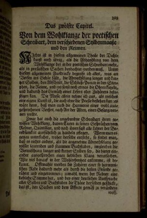 Das zwölfte Capitel. Von dem Wohlklange der poetischen Schreibart, dem verschiedenen Sylbenmaaße und den Reimen.