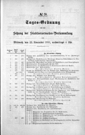 Tages-Ordnung No. 20 (313-329), 23. November 1910