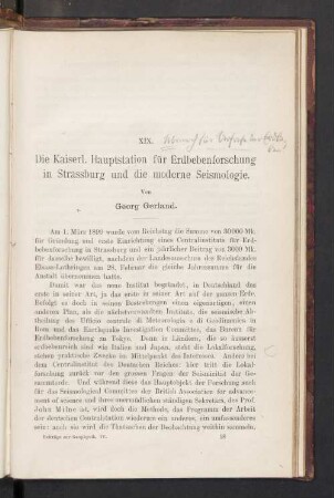 XIX. Die Kaiserl. Hauptstation für Erdbebenforschung in Strassburg und die moderne Seismologie