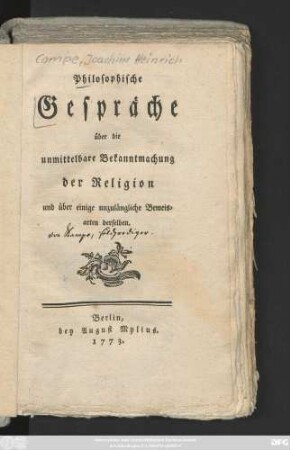 Philosophische Gespräche über die unmittelbare Bekanntmachung der Religion und über einige unzulängliche Beweisarten derselben