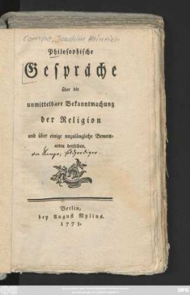 Philosophische Gespräche über die unmittelbare Bekanntmachung der Religion und über einige unzulängliche Beweisarten derselben