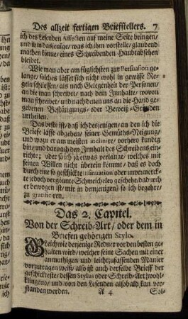 Das 2. Capitel. Von der Schreib-Art/ oder dem in Briefen gehörigen Stylo.