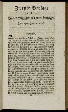 Zweyte Beylage zu den Leipziger gelehrten Anzeigen - Zum 15ten Januar 1796.
