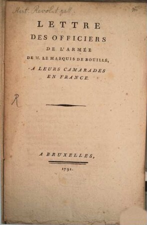 Lettre des officiers de l'armée de M. le Marq. de Bouillé