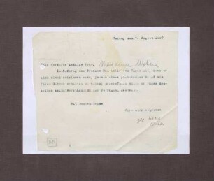 Schreiben von Lina Richter an Marianne Weber; Leugnung, jemals politische Briefe von Max Weber erhalten zu haben