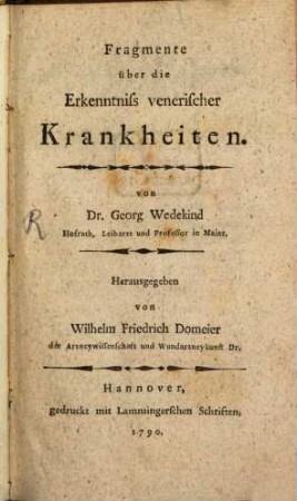 Fragmente über die Erkenntniss venerischer Krankheiten