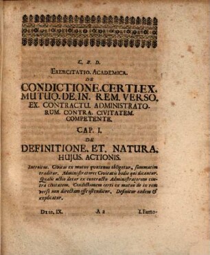 Exercitatio academica de condictione certi ex mutuo de in rem verso ex contractu administratorum contra civitatem competente