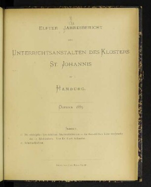11.1883: Jahresbericht der Unterrichtsanstalten des Klosters St. Johannis zu Hamburg
