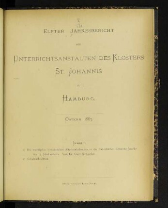 11.1883: Jahresbericht der Unterrichtsanstalten des Klosters St. Johannis zu Hamburg