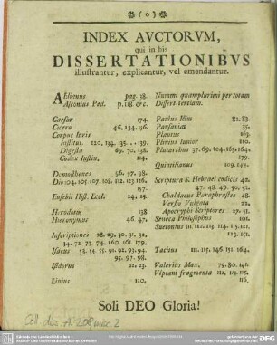 Index Auctorum, qui in his Dissertationibus illustrantur, explicantur, vel emendantur