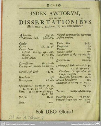 Index Auctorum, qui in his Dissertationibus illustrantur, explicantur, vel emendantur