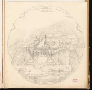 Fürstliches Schloss auf dem Brauhausberg, Potsdam Schinkelwettbewerb 1862: Perspektivische Ansicht (Vogelschau)