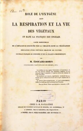 Role de l' oxygéne dans la respiration et la vie des vegétaux et dans la statique des engrais
