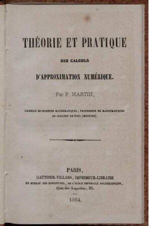 Théorie et pratique des calculs d'approximation numérique