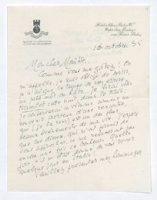 Brief von Louis Gillet an Gerhart Hauptmann