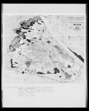 Stadtplan von Wien mit Kennzeichnung der Wald- und Wiesenflächen