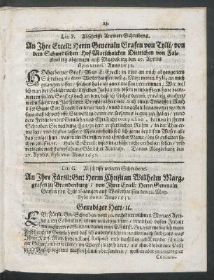 Lit: F. Abschrifft Antwort Schreibens. An Ihre Excell: Herrn Generaln Grafen von Tylli/ von dem Schwedischen Hof Marschalcken Dietrichen von Falckenberg ...