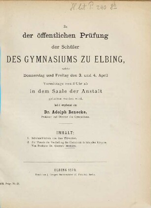 Zu der öffentlichen Prüfung und Schlußfeier in dem Saale der Anstalt ... ladet ergebenst ein. 1878/79